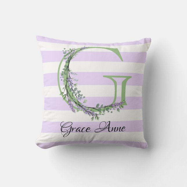 Coussin Lavande clair violet bandes blanches monogramme (Recto)