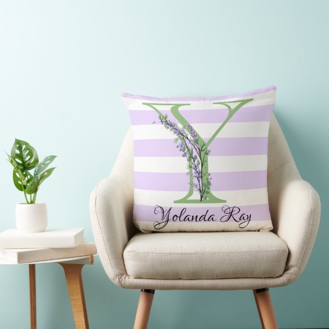 Coussin Lavande clair violet bandes blanches monogramme (Chaise)