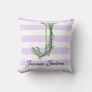 Coussin Lavande clair violet bandes blanches monogramme