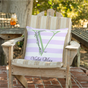 Coussin Lavande clair violet bandes blanches monogramme