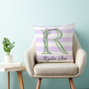Coussin Lavande clair violet bandes blanches monogramme