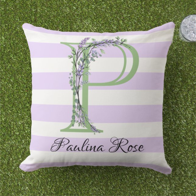 Coussin Lavande clair violet bandes blanches monogramme (Herbe)