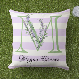 Coussin Lavande clair violet bandes blanches monogramme