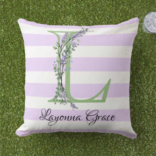 Coussin Lavande clair violet bandes blanches monogramme (Herbe)
