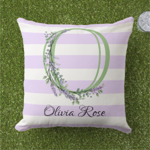 Coussin Lavande clair violet bandes blanches monogramme