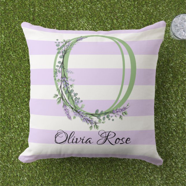 Coussin Lavande clair violet bandes blanches monogramme (Herbe)