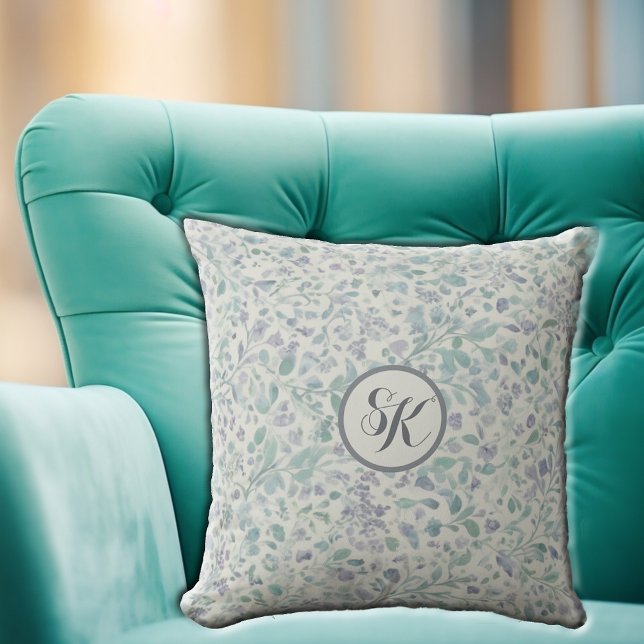 Coussin Lavande et mongramme de feuilles vertes Jeu d'orei (Créateur téléchargé)