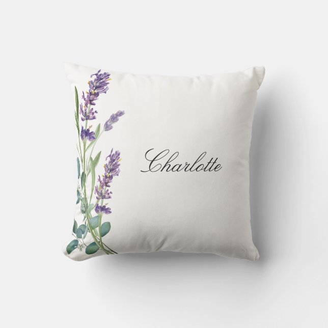 Coussin Lavender eucalyptus nom vert script blanc (Recto)