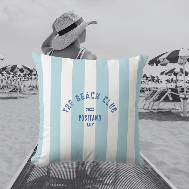 Coussin Le Beach Club Crest Blue Cabana Stripe (Créateur téléchargé)