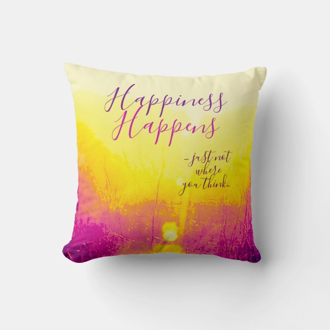 Coussin "Le Bonheur arrive" Jaune, Magenta Motif (Recto)