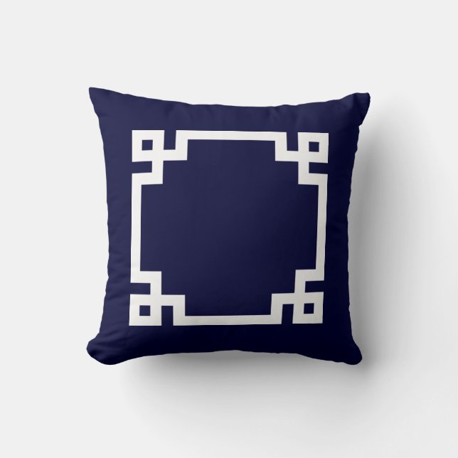 Coussin Le Carré-Clé Grec Blanc Sur Bleu Marine (Recto)