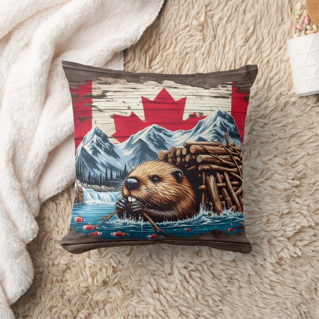Coussin Le castor canadien construit sa loge par l'eau (Couverture)