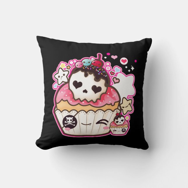 Coussin Le cupcake au crâne de Kawaii avec étoiles et coeu (Recto)