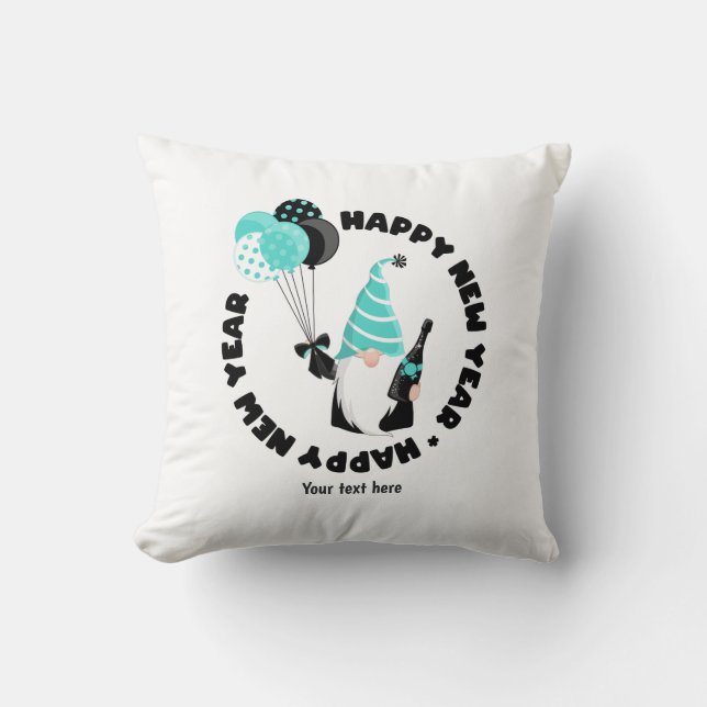 Coussin Le Gnome turquoise et noir fête le Nouvel An (Recto)