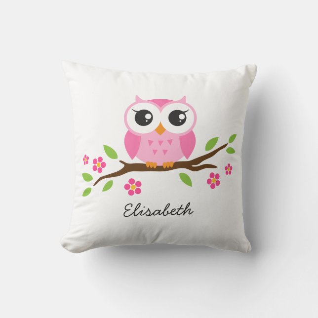 Coussin Le hibou rose mignon sur la branche florale a (Recto)
