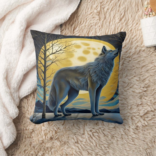 Coussin Le loup majestueux hurle en Pleine lune la nuit (Couverture)