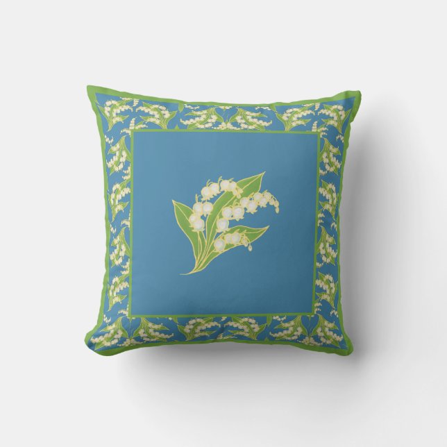 Coussin Le muguet chic sur le bleu avec la frontière (Recto)