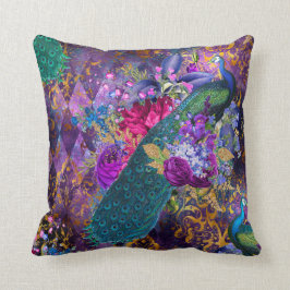 Coussin Le paon et les fleurs en violet