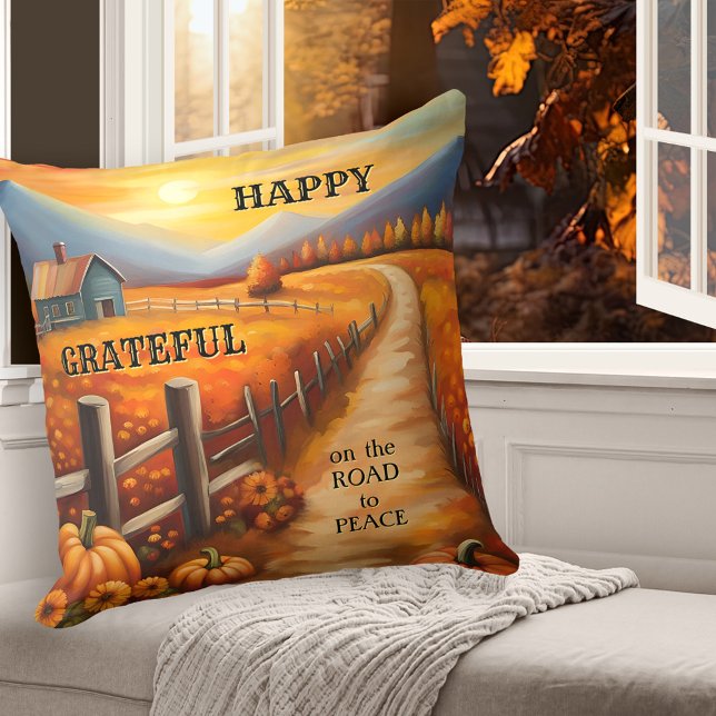Coussin Le pays Gratte Fall Thankgiving (Colorful Thanksgiving pillow featuring an autumn country landscape with farm and pumpkins at sunset)