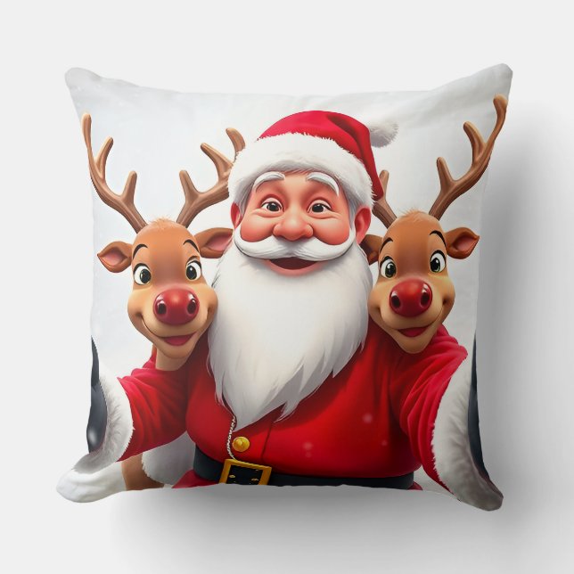 Coussin Le Père Noël avec des rennes fêtent Noël (Recto)