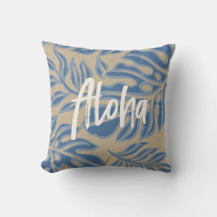 Coussin Leaf Tiki Indigo Blue Hawaiian Tropical Reversibl