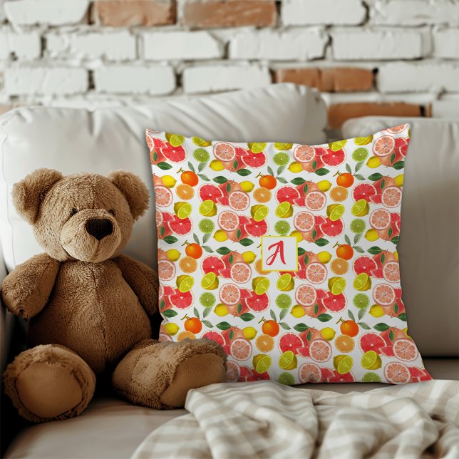 Coussin Lemon citrus yellow red Pattern  (The charming design showcases a mix of cheerful citrus fruits like lemons, grapefruits, limes.)