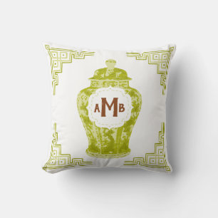 Coussin Lemongrass Green Chinoiserie Ginger Jar Monogramme