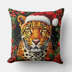 Coussin Léopard de fête portant un chapeau de Père Noël