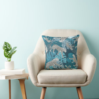 Coussin Léopard de la jungle sarcelle et feuilles tropical