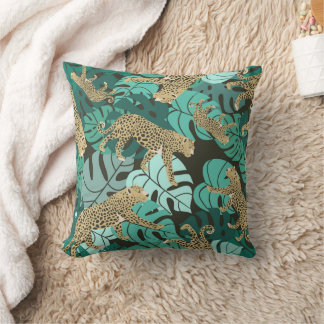 Coussin Léopard de la jungle verte et feuilles tropicales 