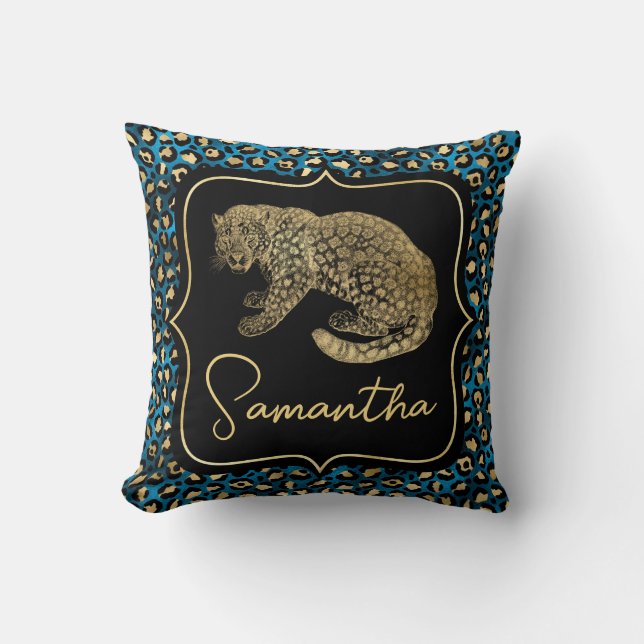 Coussin Léopard doré et Imprimé léopard bleu (Recto)