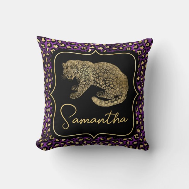 Coussin Léopard doré et imprimé léopard violet (Recto)