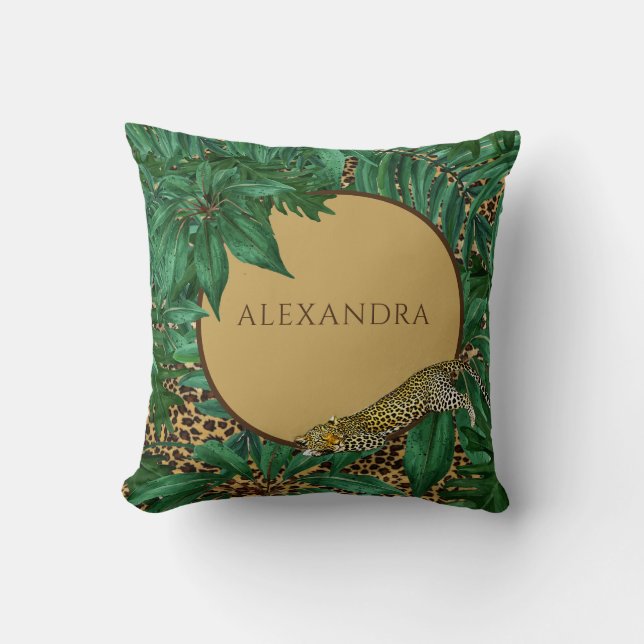 Coussin Leopard Motif Jungle Green Feuilles personnel (Recto)