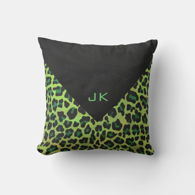Coussin Léopard noir et vert avec Monogramme (Recto)