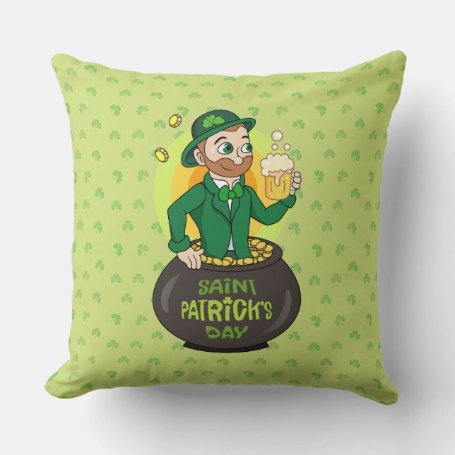 Coussin Leprechaun de dessin dans une casserole d'or tenan (Recto)
