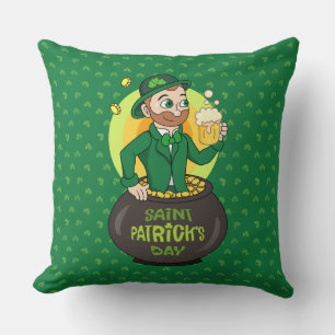 Coussin Leprechaun de dessin dans une casserole d'or tenan