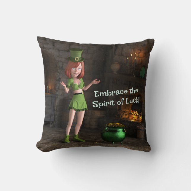 Coussin Leprechaun Toon Girl à côté du pot d'or (Recto)