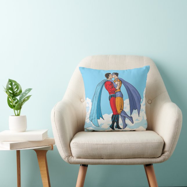 Coussin Les deux superhéros de SlipperyJoe embrassant un v (Chaise)