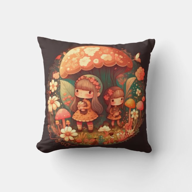 Coussin Les elfs de champignons dans le champ jettent l'or (Recto)