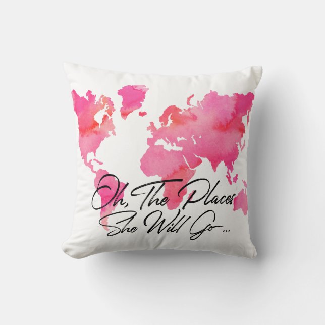 Coussin Les endroits roses d'aquarelle elle ira voyage de (Recto)