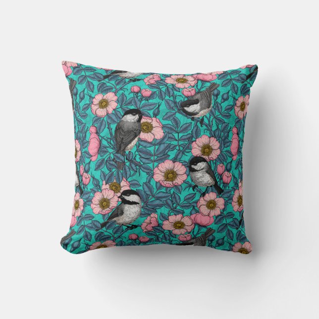 Coussin Les poulets dans la nature rose, rose et bleu (Recto)