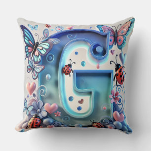 Coussin Lettre 3D lumineuse G avec papillons, coccinelles