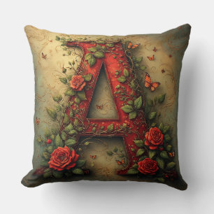 Coussin Lettre A rouge élégante entourée de roses