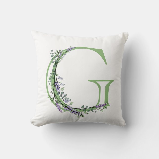 Coussin Lettre alphabétique G aquarelle Lavande Eucalyptus (Recto)