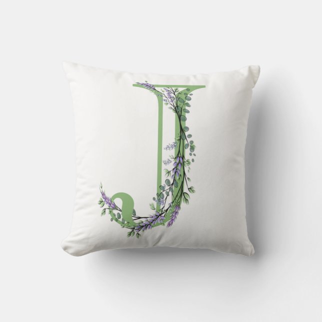 Coussin Lettre alphabétique J aquarelle Lavande Eucalyptus (Recto)