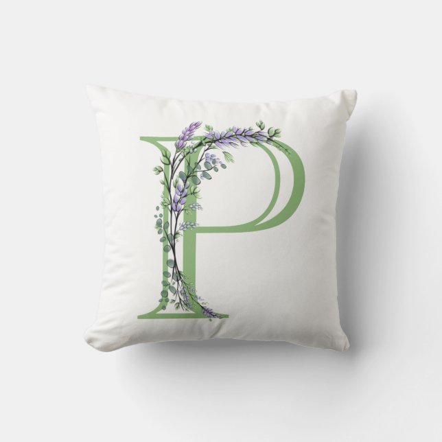Coussin Lettre alphabétique P aquarelle Lavande Eucalyptus (Recto)