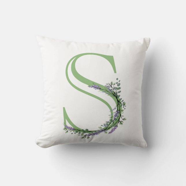Coussin Lettre alphabétique S aquarelle Lavande Eucalyptus (Recto)