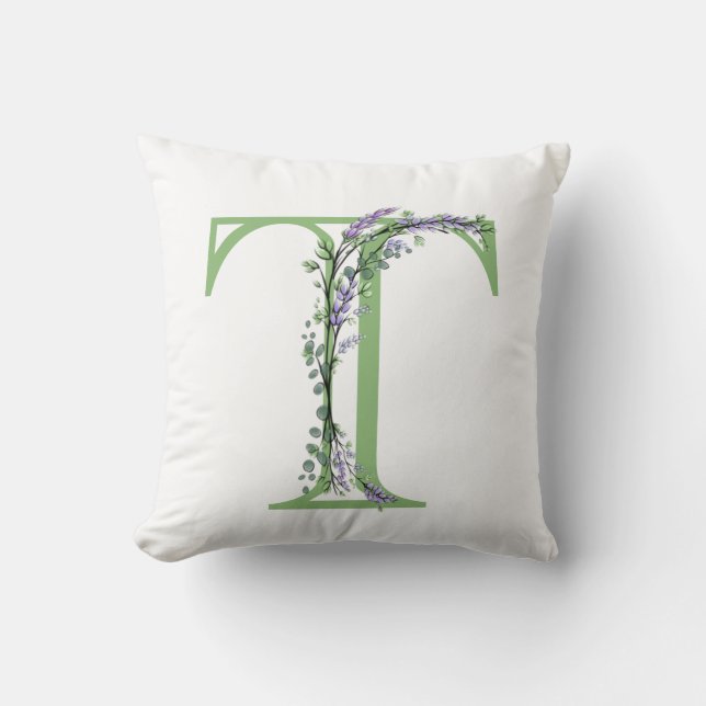 Coussin Lettre alphabétique T aquarelle Lavande Eucalyptus (Recto)