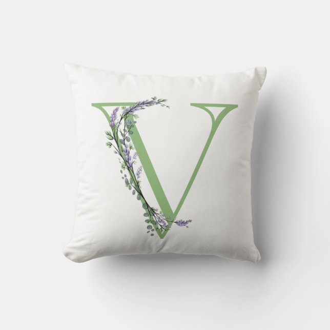 Coussin Lettre alphabétique V aquarelle Lavande Eucalyptus (Recto)