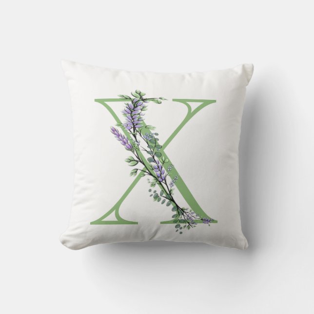 Coussin Lettre alphabétique X aquarelle Lavande Eucalyptus (Recto)